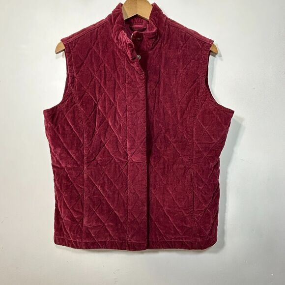 Eddie Bauer Vest Womens M Maroon Quilted Corduroy Lined Pockets Zip - Picture 1 of 10